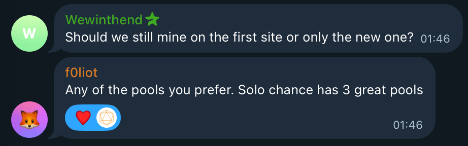 Telegram user f0liot: "Any of the pools you prefer. Solo chance has 3 great pools"
